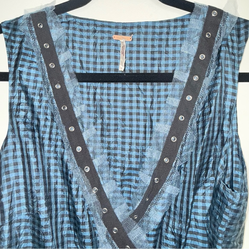 Free People Blue Check Sleeveless Wrap Silk Sundress Size 4 - Picture 5 of 15
